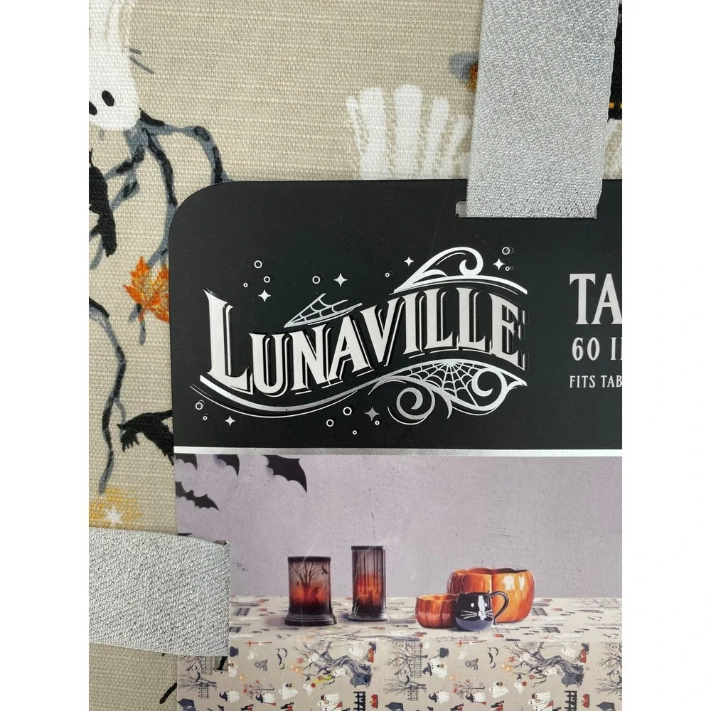 Lunaville Tablecloth Halloween 60x102 Tan Ghost Cat Pumpkin Oblong Fall Autumn